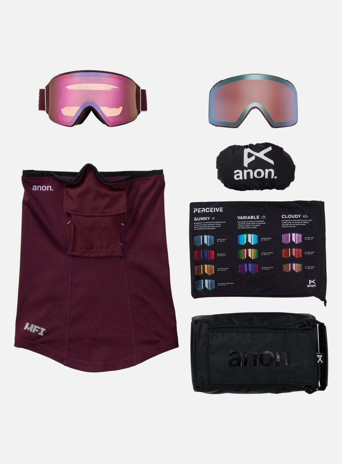 Anon M4 Goggles (Cylindrical) + Bonus Lens + MFI® Face Mask | Frame: Deep Cherry, Lens: Perceive Cloudy Pink