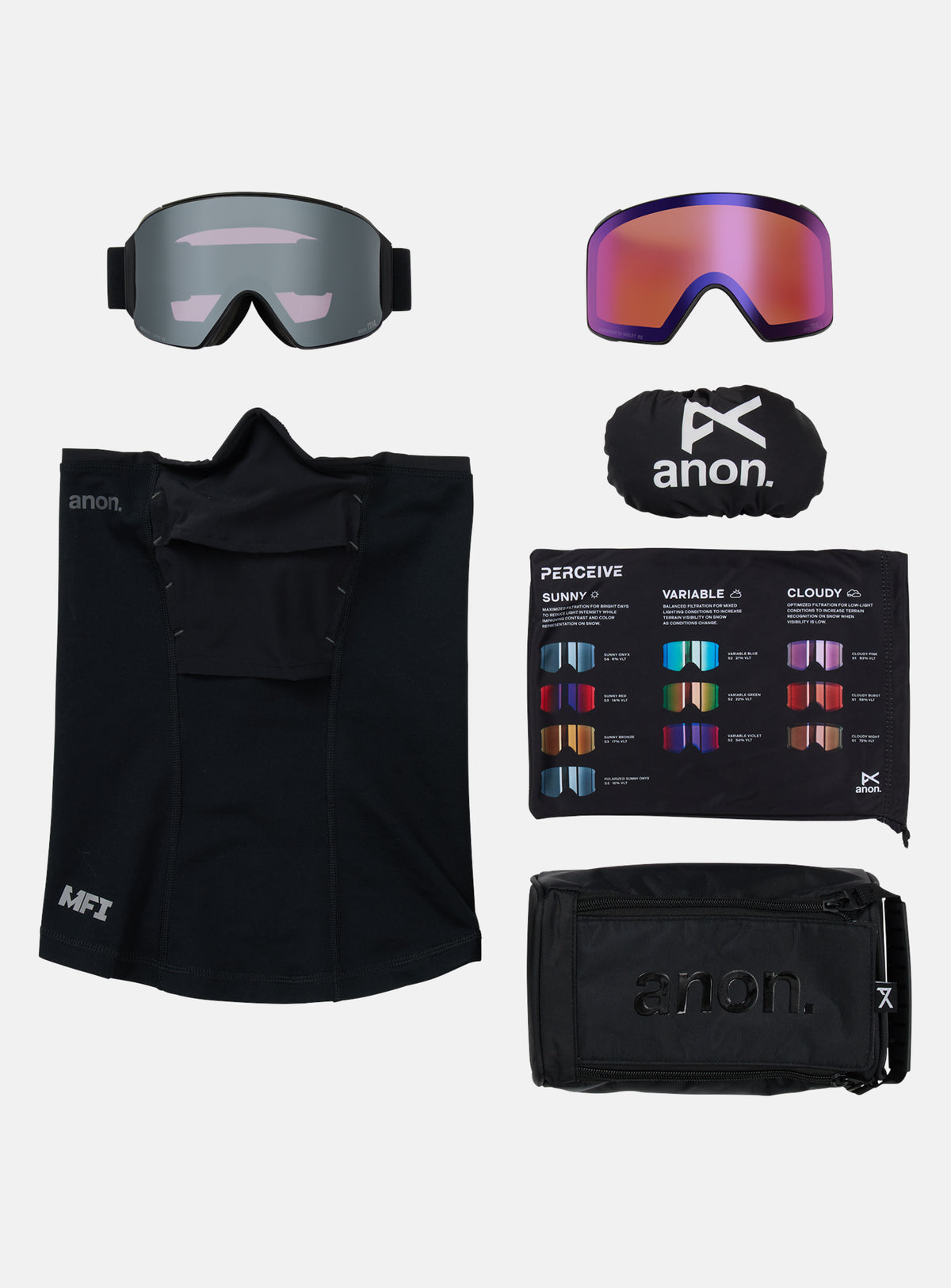 Masque Anon M4 (cylindrique) + écran supplémentaire + masque facial MFI® | Monture : Noir fumé, Écran : Onyx Perceive pour forte luminosité (6 %/S4), Écran de rechange : Violet Perceive pour luminosité variable (34 %/S2)
