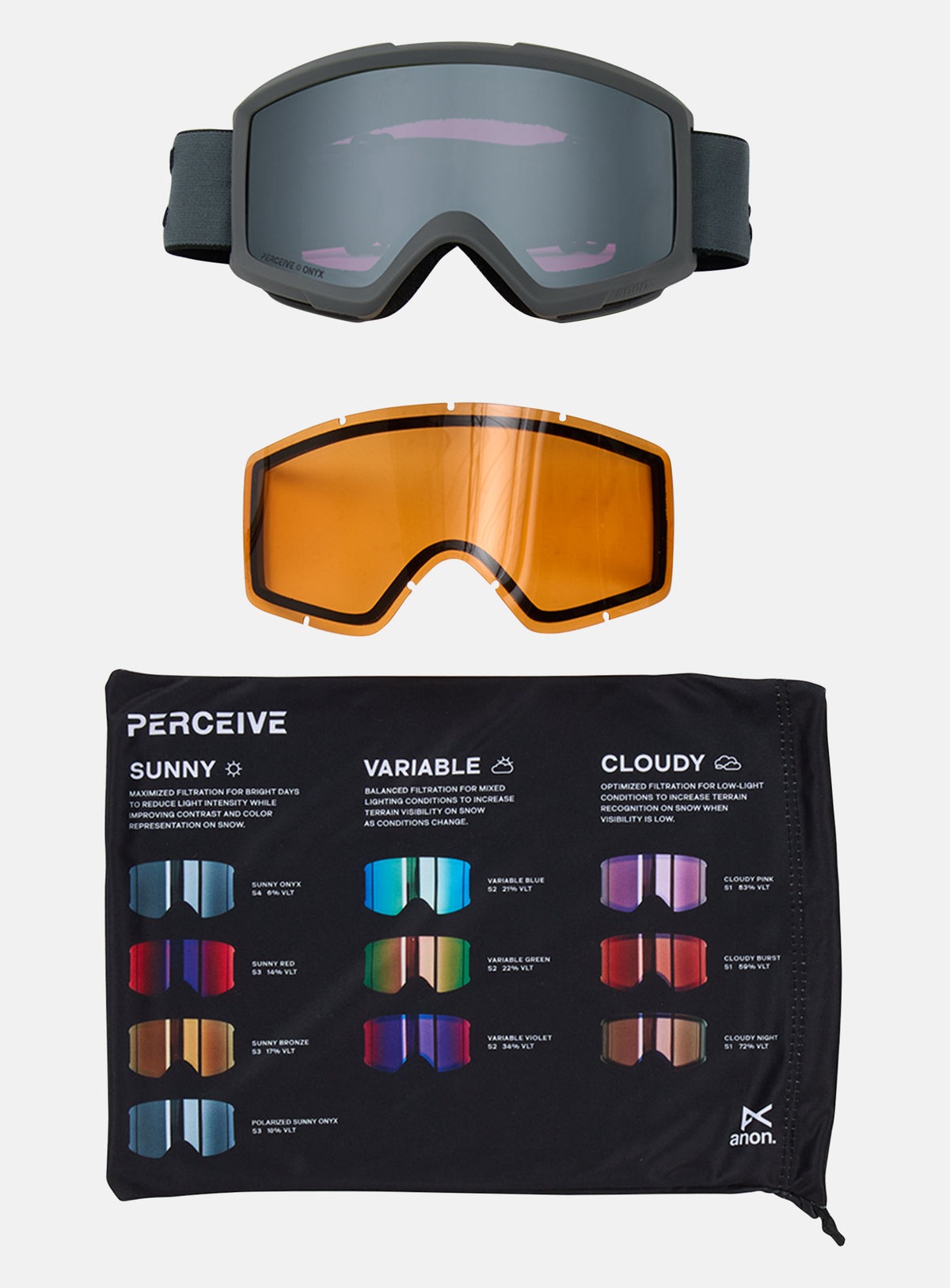 Anon Helix 2.0 Goggles + Bonus Lens | Frame: Stealth, Lens: Perceive Sunny Onyx, Spare Lens: Amber (55% / S1)