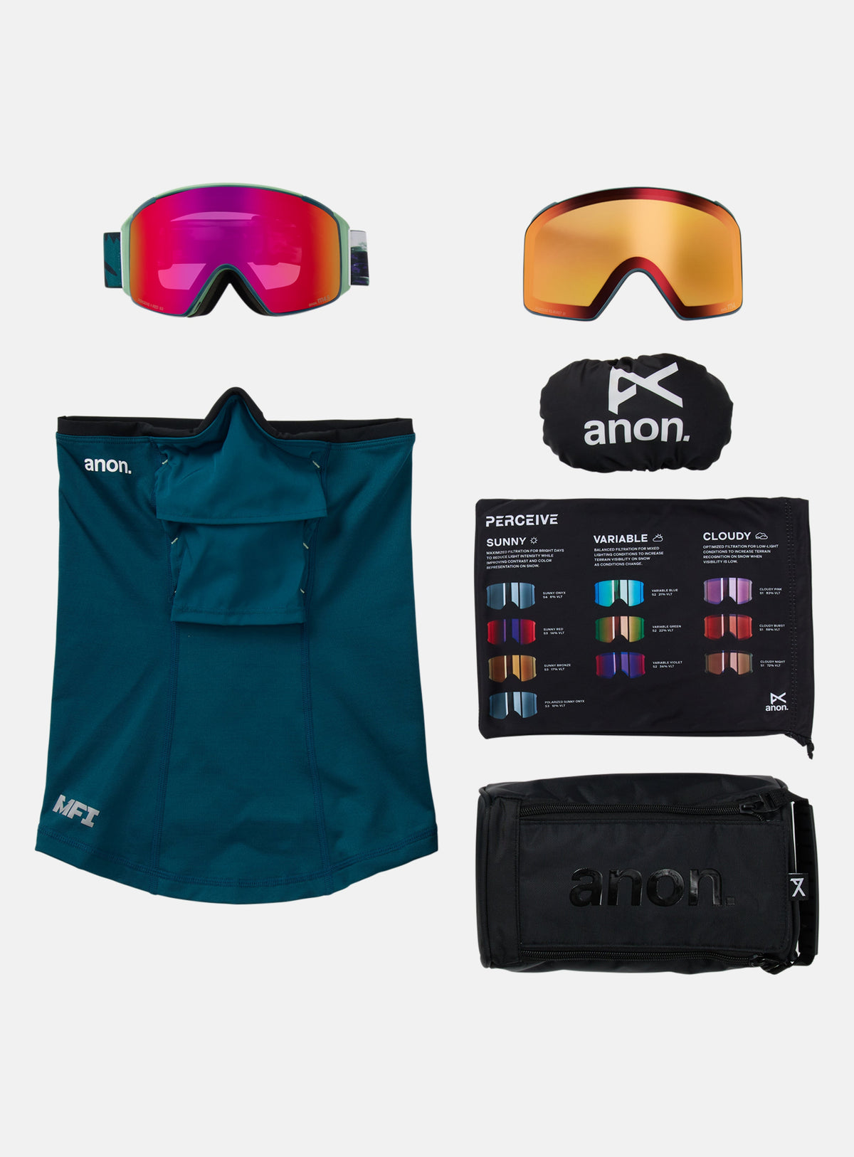 Anon M4S Goggles (Cylindrical) + Bonus Lens + MFI® Face Mask | Frame: Family Tree, Lens: Perceive Sunny Red