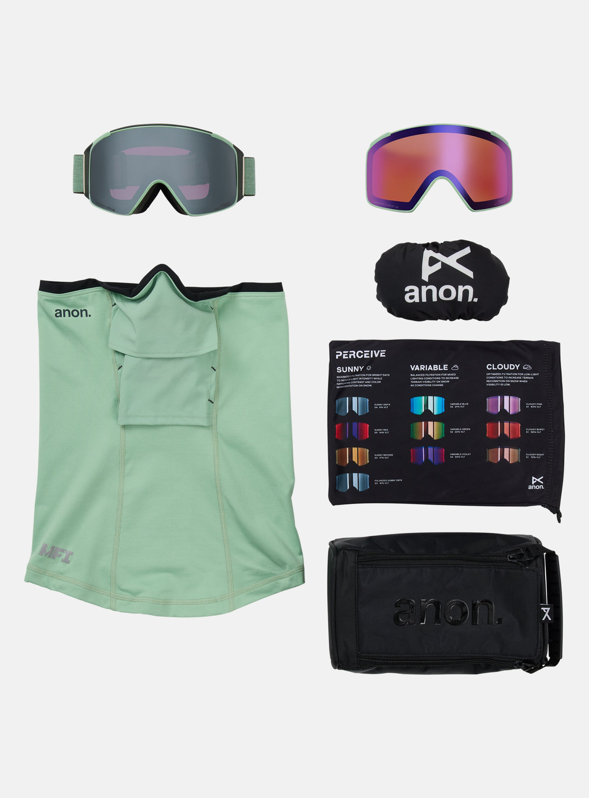 Anon M4S Goggles (Cylindrical) + Bonus Lens + MFI® Face Mask | Frame: Soft Sage, Lens: Perceive Sunny Onyx