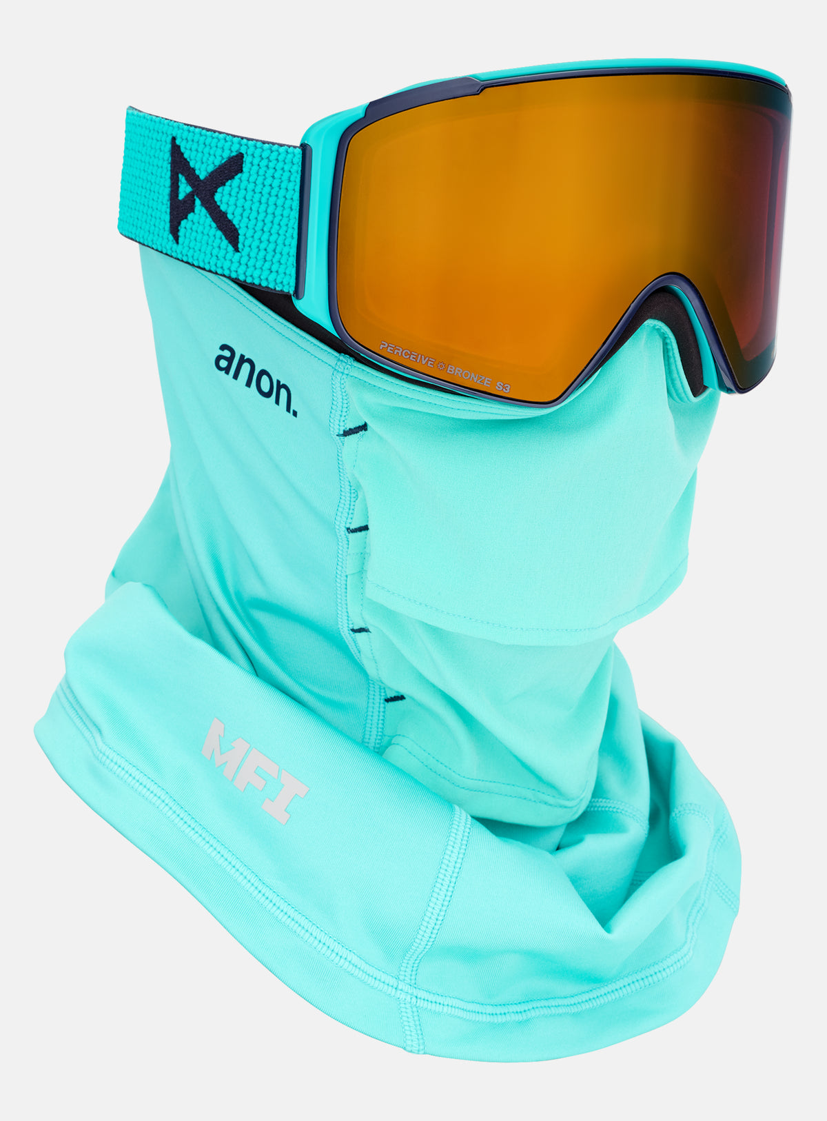 Masque Anon M4S (cylindrique) + écran supplémentaire + masque facial MFI® | Monture : Bleu turquoise, Écran : Bronze Perceive pour forte luminosité (17 %/S3), Écran de rechange : Burst Perceive pour faible luminosité (59 %/S1)