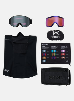Masque Anon M4S (cylindrique) + écran supplémentaire + masque facial MFI® | Monture : Noir fumé, Écran : Onyx Perceive pour forte luminosité (6 %/S4), Écran de rechange : Violet Perceive pour luminosité variable (34 %/S2)
