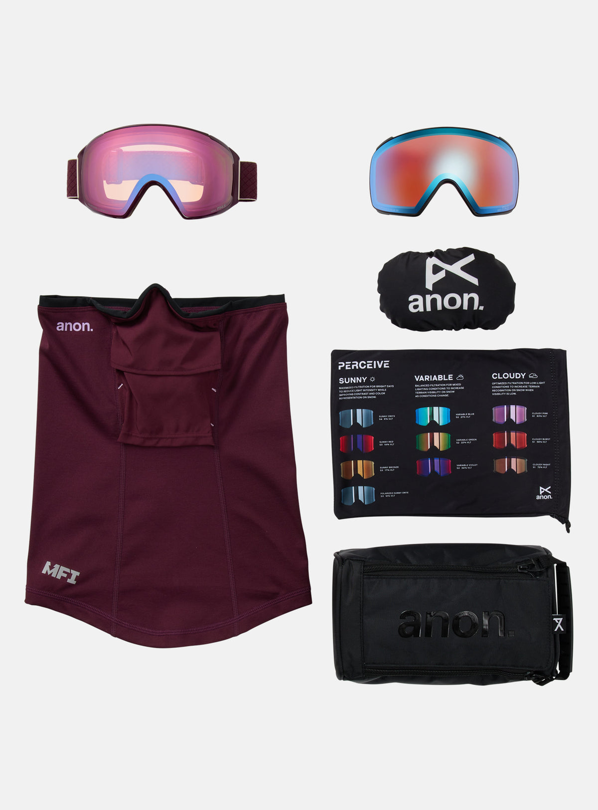 Anon M4S Goggles (Toric) + Bonus Lens + MFI® Face Mask | Frame: Deep Cherry, Lens: Perceive Cloudy Pink