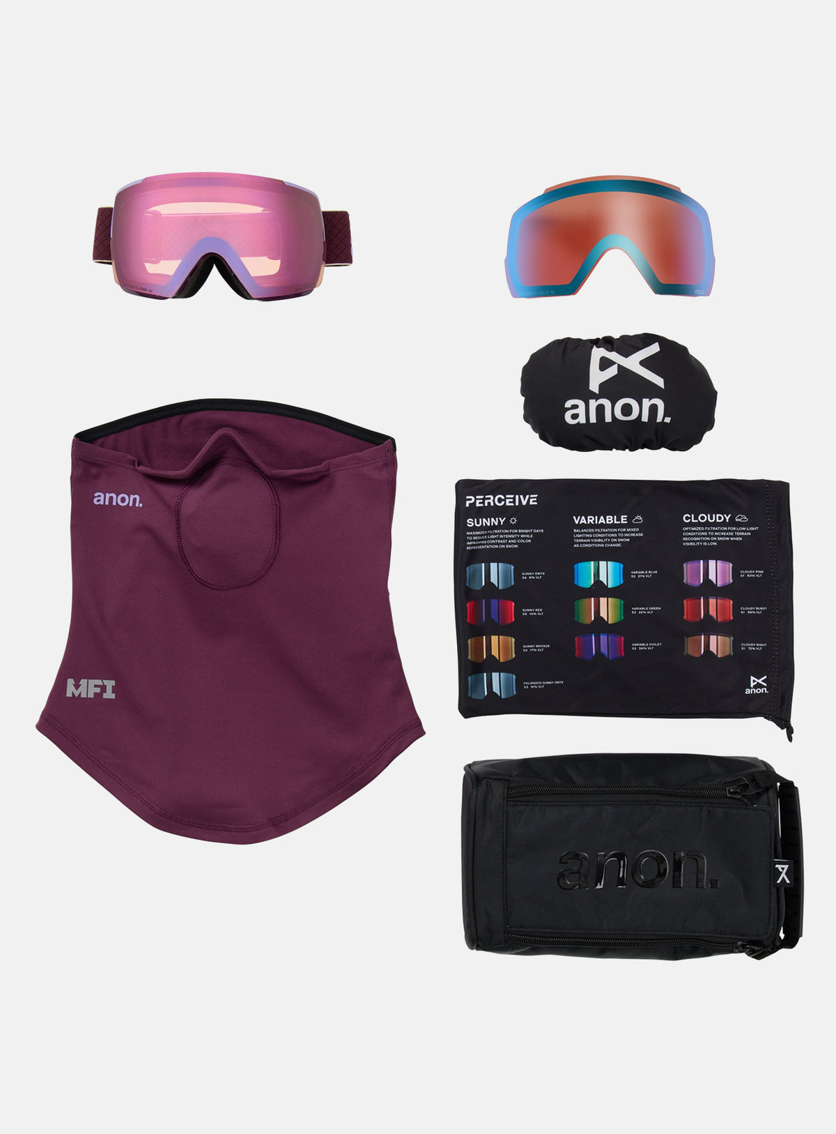 Anon M5S Goggles + Bonus Lens + MFI® Face Mask | Frame: Deep Cherry, Lens: Perceive Cloudy Pink