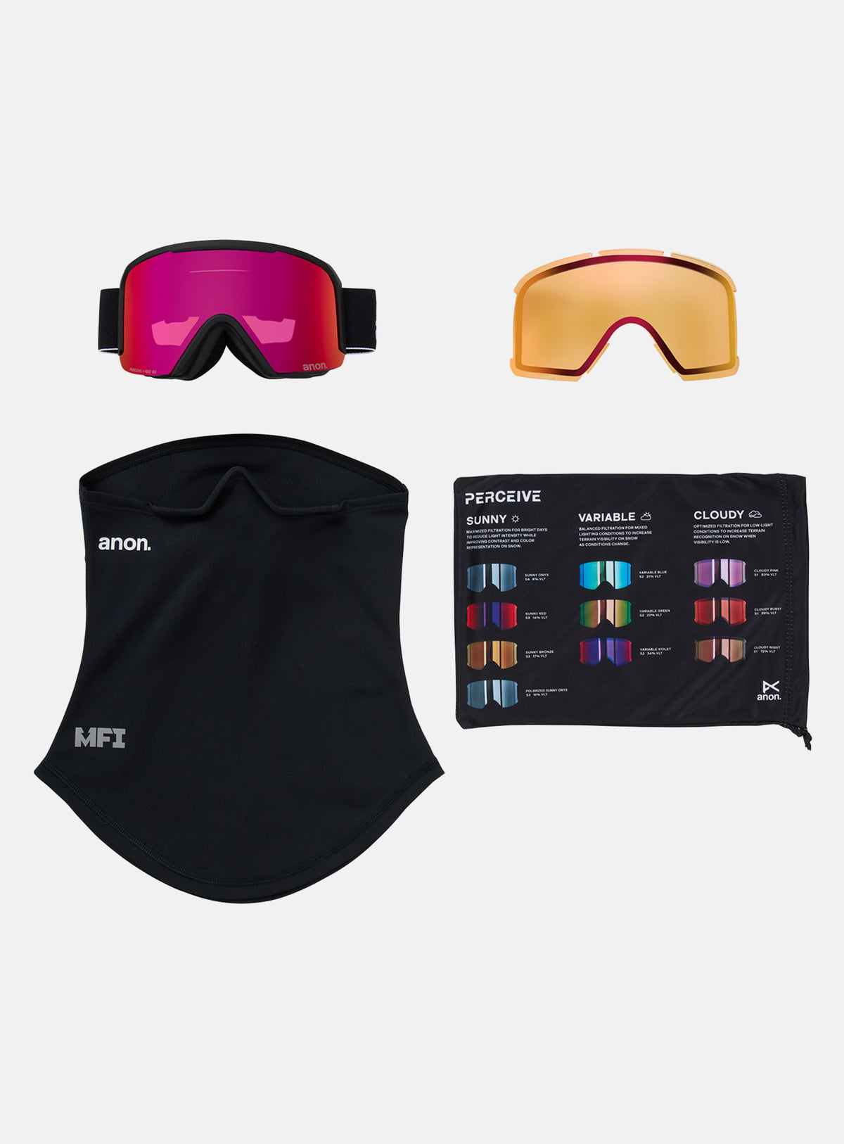 Anon Nesa Goggles + Bonus Lens + MFI® Face Mask | Frame: Black, Lens: Perceive Sunny Red