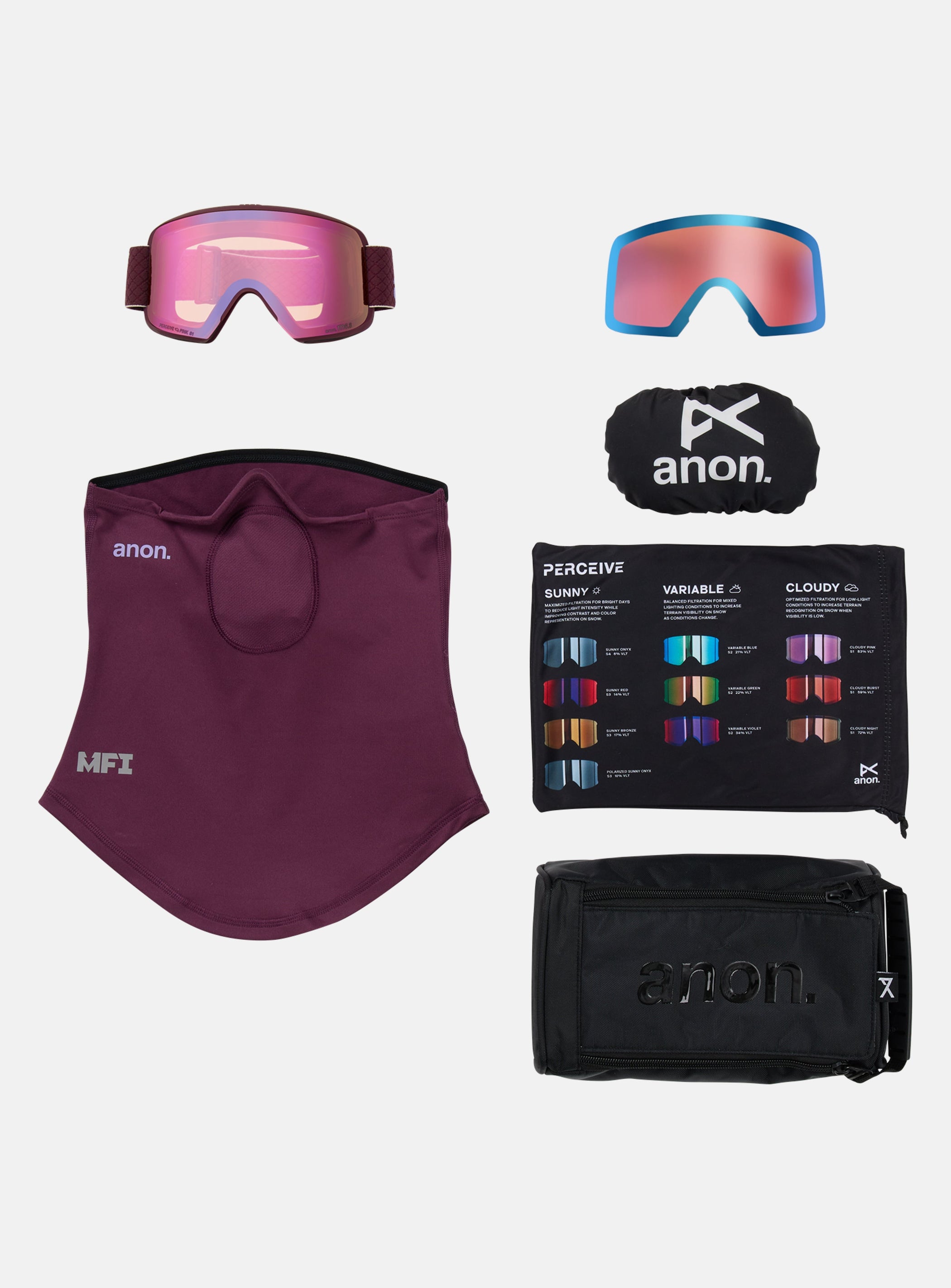 Anon M6S Goggles + Bonus Lens + MFI® Face Mask | Frame: Deep Cherry, Lens: Perceive Cloudy Pink