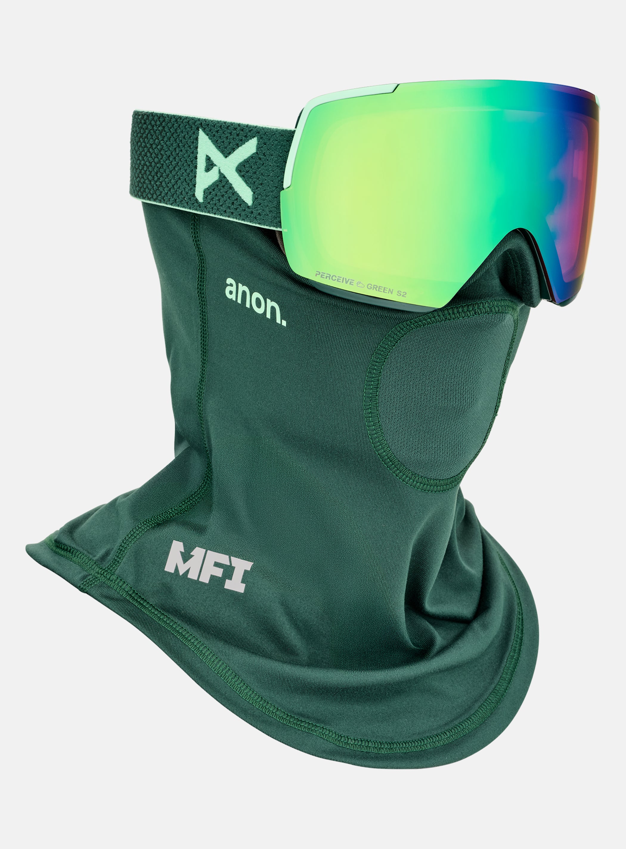 Anon M5S Goggles + Bonus Lens + MFI® Face Mask | Frame: Brunswick Green, Lens: Perceive Variable Green (22% / S2), Spare Lens: Perceive Cloudy Pink (53% / S1)