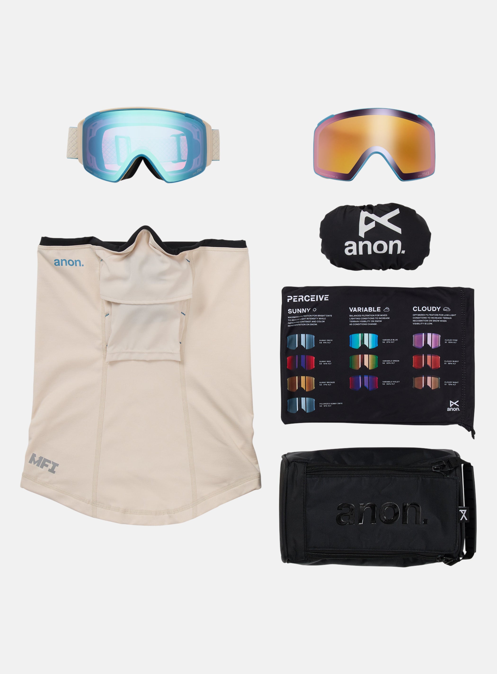 Anon M4S Goggles (Cylindrical) + Bonus Lens + MFI® Face Mask | Frame: Oat, Lens: Perceive Variable Blue