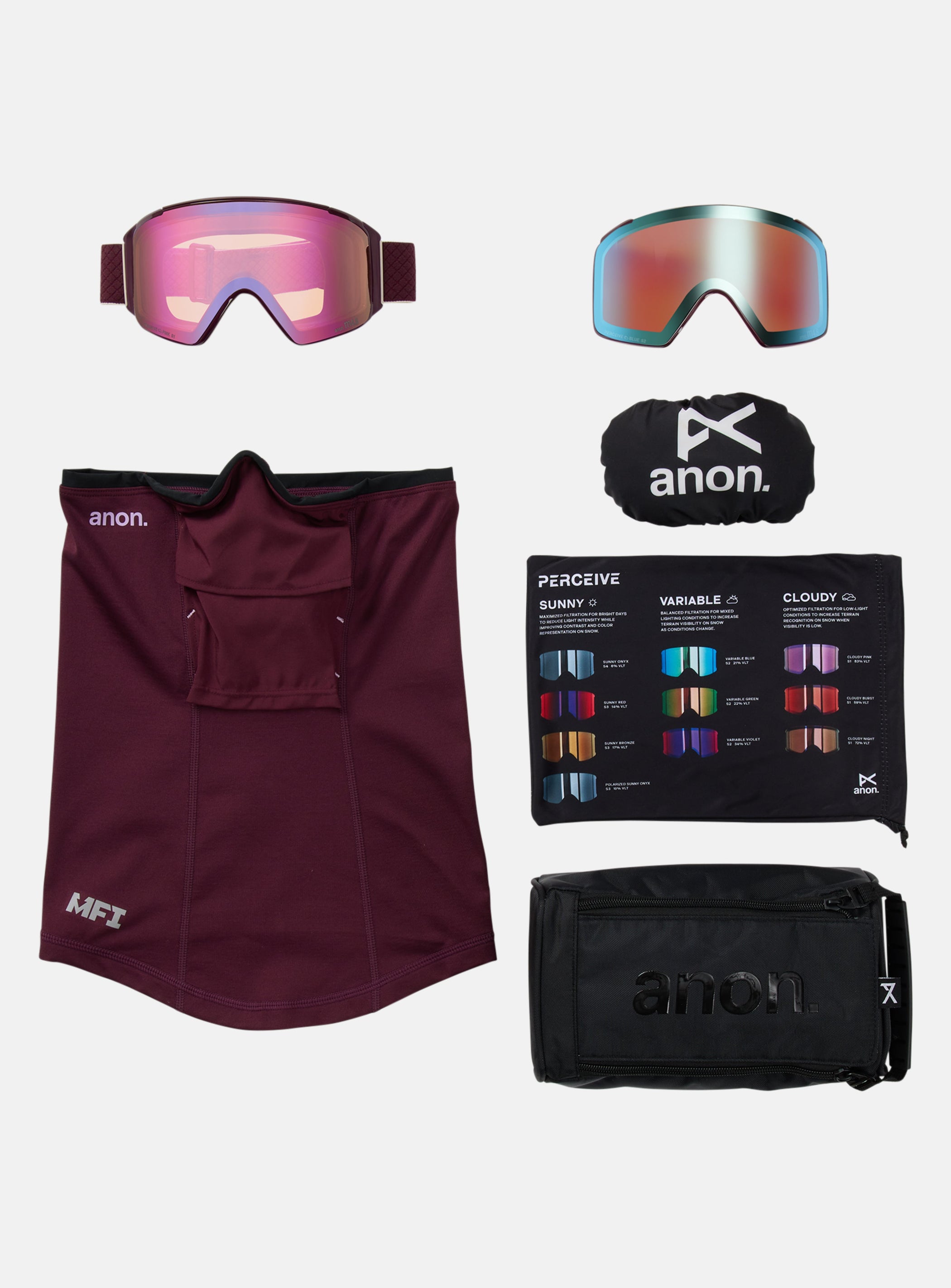 Anon M4S Goggles (Cylindrical) + Bonus Lens + MFI® Face Mask | Frame: Deep Cherry, Lens: Perceive Cloudy Pink