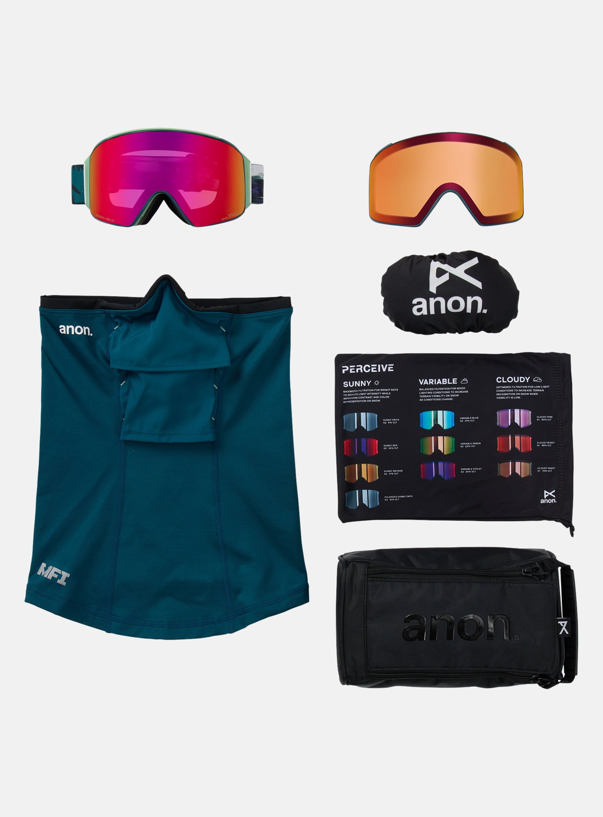 Anon M4 Goggles (Cylindrical) + Bonus Lens + MFI® Face Mask | Frame: Family Tree, Lens: Perceive Sunny Red