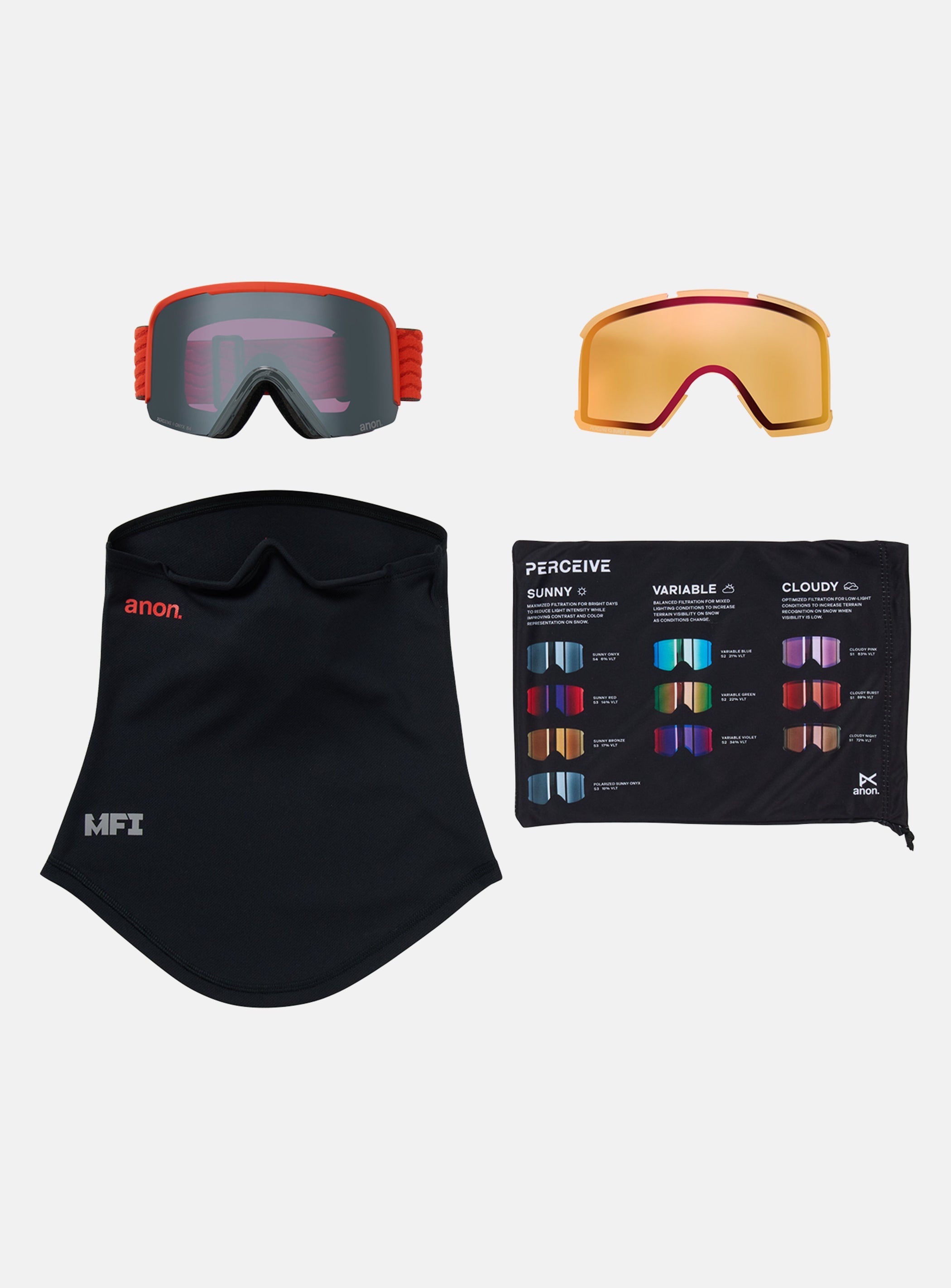 Anon Nesa Goggles + Bonus Lens + MFI® Face Mask | Frame: Fiesta Red, Lens: Perceive Sunny Onyx