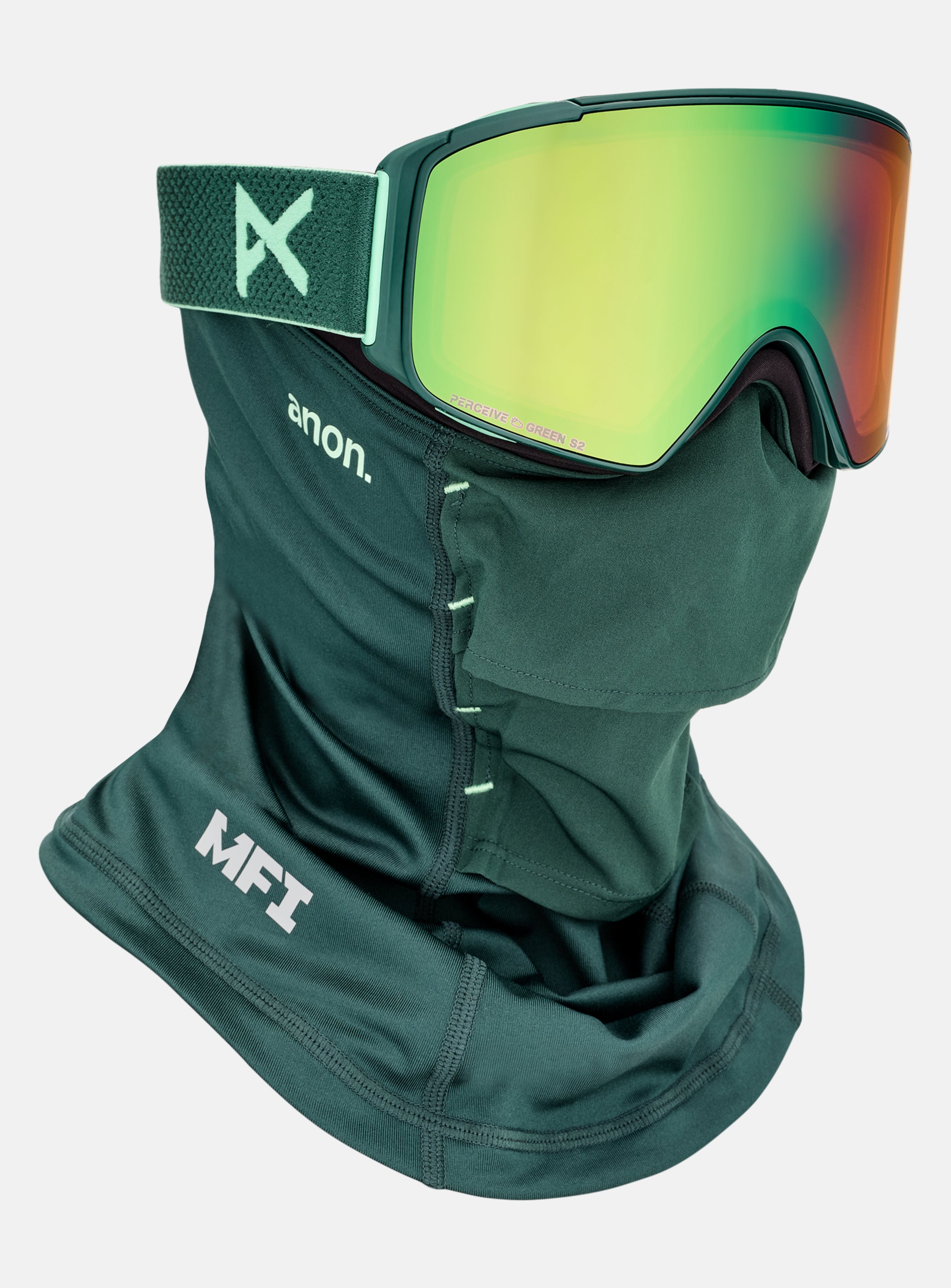 Anon M4 Goggles (Cylindrical) + Bonus Lens + MFI® Face Mask | Frame: Brunswick Green, Lens: Perceive Variable Green (22% / S2), Spare Lens: Perceive Cloudy Pink (53% / S1)