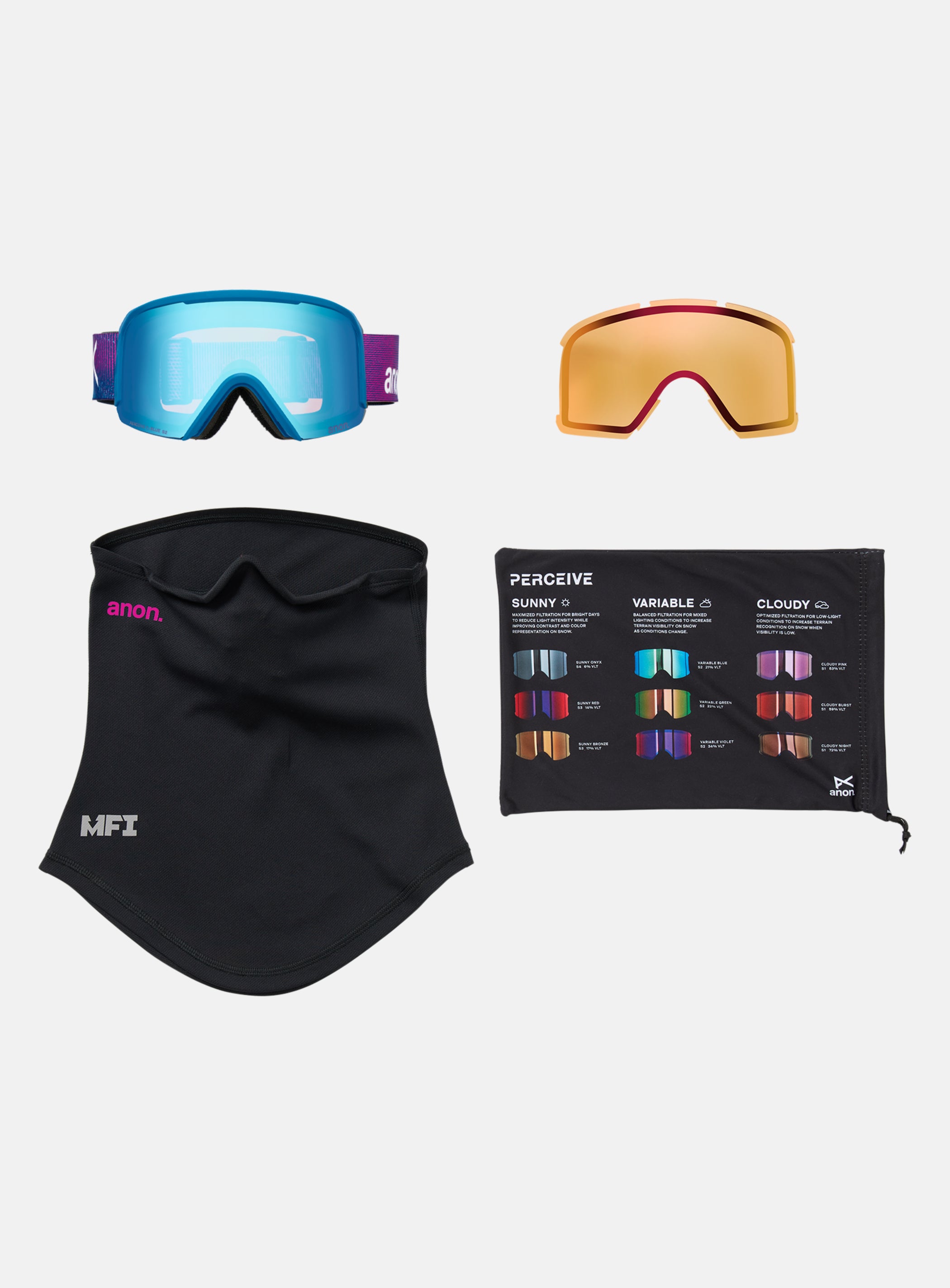 Anon Nesa Goggles + Bonus Lens + MFI® Face Mask | Frame: Pink Denim, Lens: Perceive Variable Blue