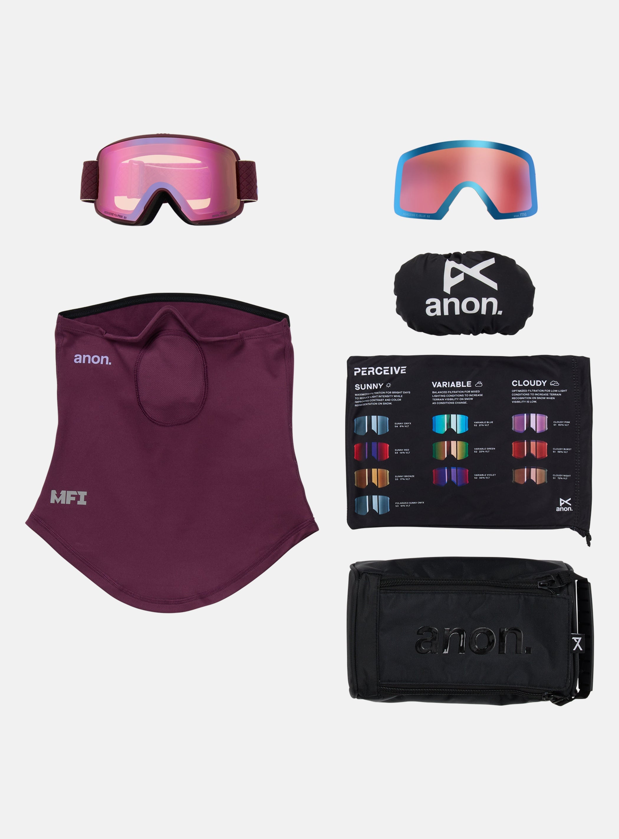 Anon M6 Goggles + Bonus Lens + MFI® Face Mask | Frame: Deep Cherry, Lens: Perceive Cloudy Pink